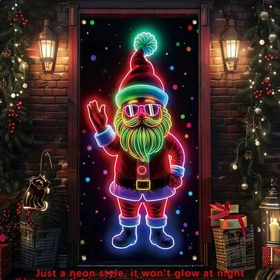 1 件装 2D 平面霓虹圣诞老人圣诞横幅，采用耐用涤纶材质，适合新年和冬季庆祝活动，尺寸：35.4x70.8 英寸，经久耐用，可用于户外圣诞冬季派对装饰，适用于家庭、派对和各种活动。