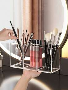 1/2/3 Compartment Makeup Brush Holder, Pencil Organizer, Compact And Portable Transparent Acrylic Material. Suitable For Storing Nail Brushes, Hairbrushes, Lip Liners, Etc. Perfect For Bathroom Countertops, Dressing Tables, And Office Desks. - Multicolor - View 5