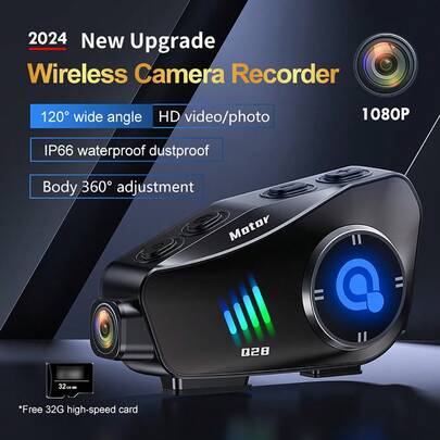 Q28/Q28 2X Casco de motocicleta con auriculares inalámbricos Bluetooth con cámara inalámbrica de 1080P, lente gran angular de 120°, captura de video/foto HD, Body de casco ajustable 360°, conectividad inalámbrica Bluetooth 5.3, batería incorporada de 1500mAh