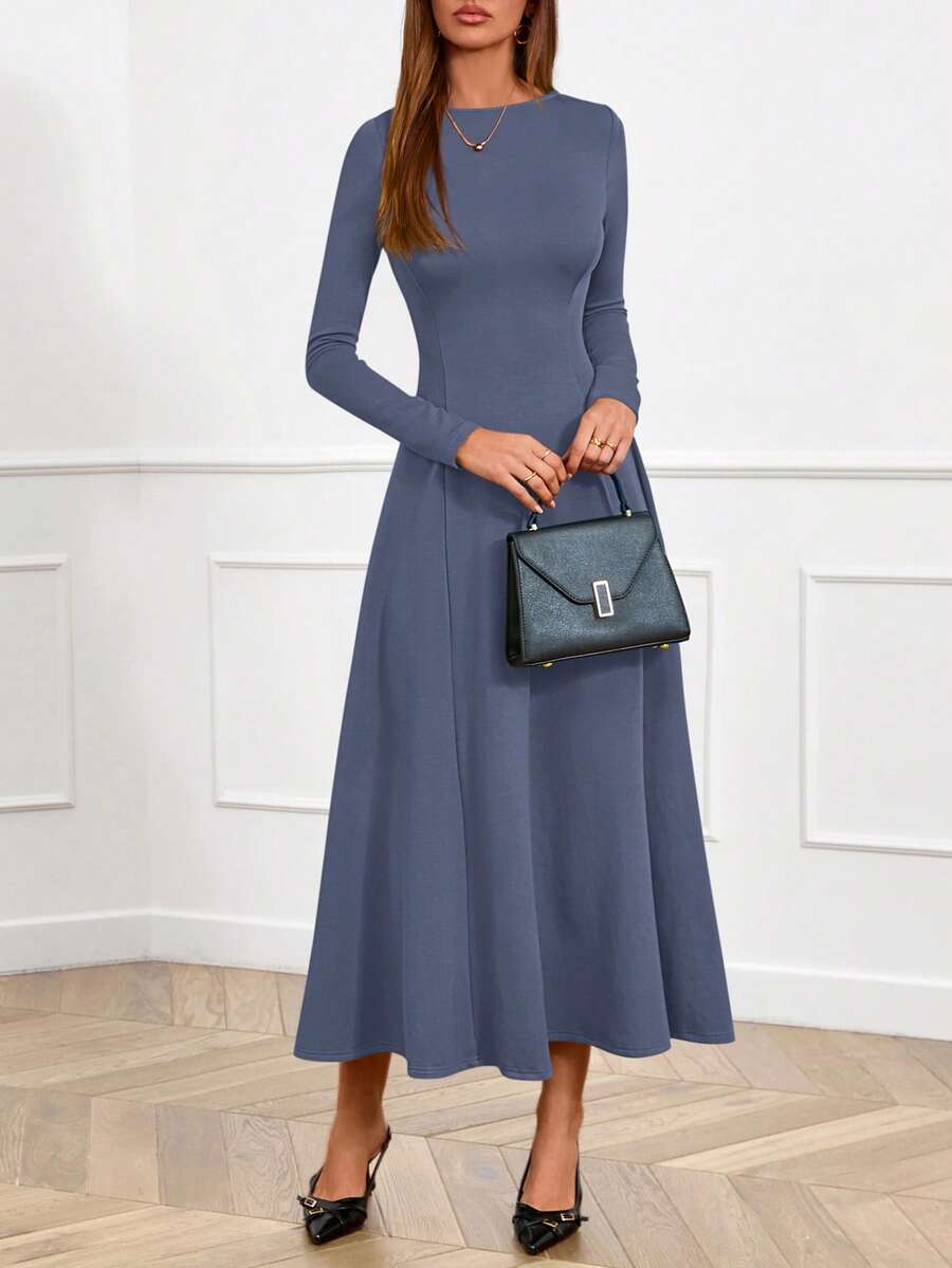 Women Fall Dresses Boat Neck Long Sleeve High Waist A-Line Flowy Knit Party Maxi Dress Spring Autumn Evening Formal Wedding Party Valentine Long Dress Outfits - 灰藍色 - 查看 1
