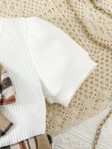 2pcs/Set Summer Baby Girls Casual Cute Knit T-Shirt With Plaid Bow Matched Plaid Skirt Outfit - Multicolor - View 5