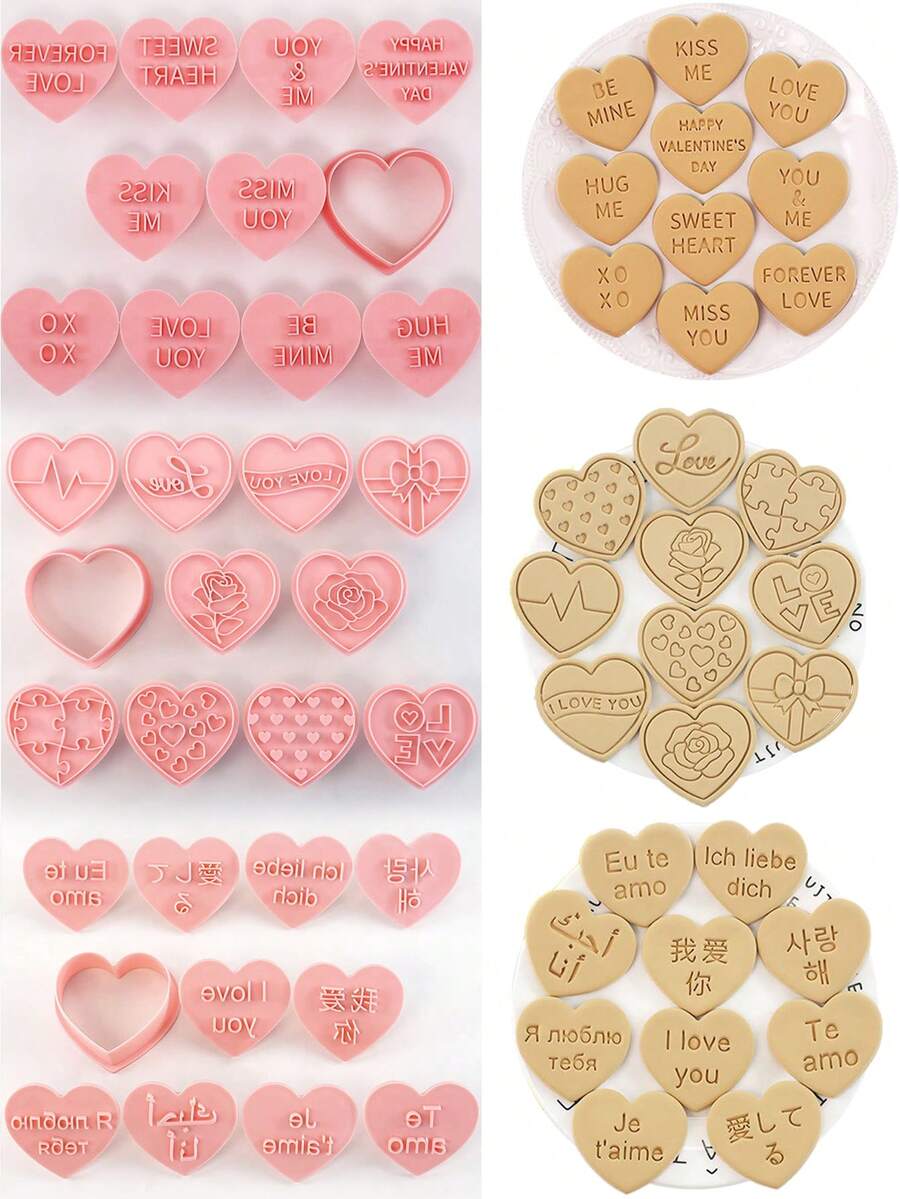 10 pièces Ensemble de découpoirs à biscuits en forme de cœur - Moules à biscuits 3D gaufrés pour la fête des mères, la fête des pères, la Saint-Valentin, Noël, Halloween, Thanksgiving - Outils de cuisson en polypropylène pour gâteaux, fondants - Cadeau de mariage idéal, kit de confection de biscuits de fête | Ensemble de découpoirs à biscuits décoratifs | Designs de découpoirs à biscuits détaillés, fête de la Saint-Valentin, décoration de la maison, cadeaux de la maison - Rose bonbon - Voir 1