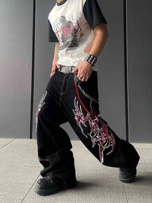 1 chiếc quần jeans nam dáng rộng, thêu họa tiết cổ điển kiểu Mỹ, thoải mái và đa năng (Không bao gồm thắt lưng và phụ kiện) - màu đen - Xem 3