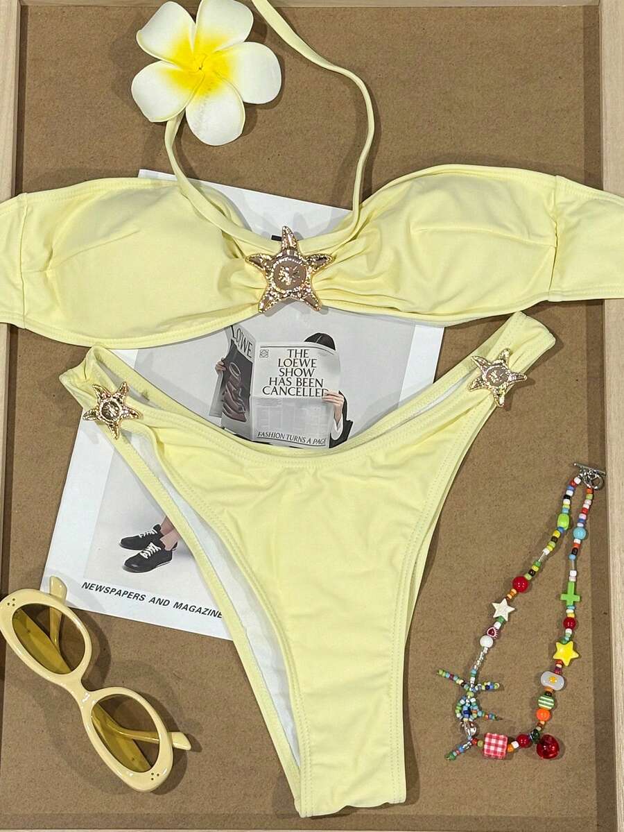 مجموعة بكيني نسائية جميلة وجذابة - طبعة نجمة البحر، قماش عالي المرونة، سروال سباحة أصفر، مثالي للعطلات الشاطئية - أصفر فاتح - مشاهدة 1