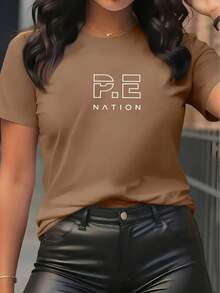 Unisex Women's Loose Casual T-Shirt With PE Nation Letter Print - Breathable Round Neck Short Sleeve Top, Comfortable For All Seasons, Machine Washable, Multiple Colors And Sizes Available, Suitable For Fitness, Travel, Casual Outfits - Sporty Elegant Style (PE Nation Design) - Lightweight And Versatile, Layerable, Fashionable Letter Print, Loose Fit, Suitable For All Seasons, Perfect For Casual Outings And Other Occasions, Women's T-Shirt, Women's T-Shirt, Women's T-Shirt, Women's T-Shirt, Women's T-Shirt - Màu Khaki - Xem 1