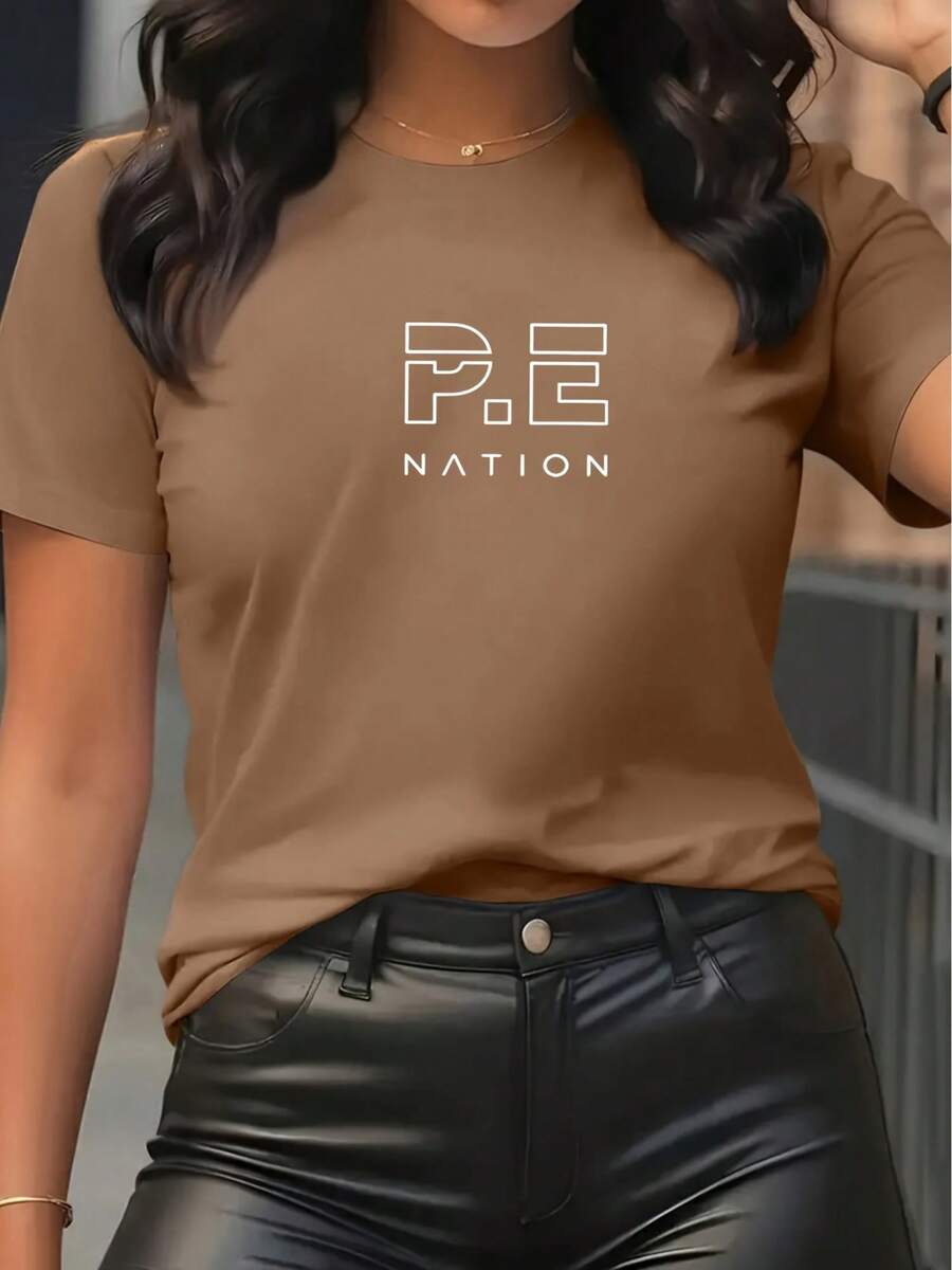 Unisex Women's Loose Casual T-Shirt With PE Nation Letter Print - Breathable Round Neck Short Sleeve Top, Comfortable For All Seasons, Machine Washable, Multiple Colors And Sizes Available, Suitable For Fitness, Travel, Casual Outfits - Sporty Elegant Style (PE Nation Design) - Lightweight And Versatile, Layerable, Fashionable Letter Print, Loose Fit, Suitable For All Seasons, Perfect For Casual Outings And Other Occasions, Women's T-Shirt, Women's T-Shirt, Women's T-Shirt, Women's T-Shirt, Women's T-Shirt - Màu Khaki - Xem 1