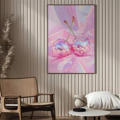 1 Pc Disco Cherry Print, Shiny Pink Fabric, Modern Home Decor, Wall Art, Wall Decor, Fashion Poster, Modern Minimalist Style Posters, Living Room And Room Decoration, Bathroom Decoration, Ideal Gift, No Frame