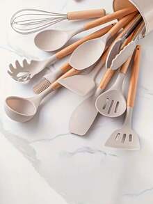 12-Piece Kitchen Cooking Utensils Set With Holder, Silicone Kitchen Tools Include Spatula Tong Slotted Spoon Turner Whisk Brush, Wooden Handle Kitchen Gadgets For Nonstick Cookware, Silicone Cooking Utensils Set 446°F Heat Resistant