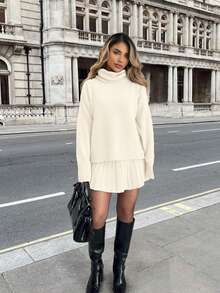 大码女士优雅休闲套装 - 纯色高领针织衫和针织半裙两件套，适合外出、约会、音乐节、街头穿搭以及秋冬季穿着。 - 米杏色 - 查看 4