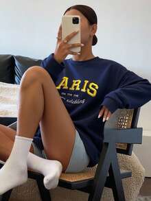 Livesso Women's Casual Letter Embroidery Round Neck Dropped Shoulder Loose Sweatshirt, Autumn/Winter - Navy Blue - View 2