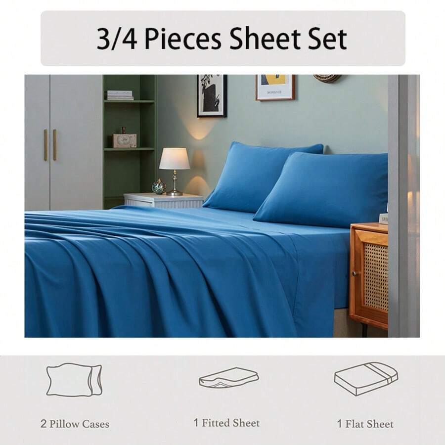 3/4 Pieces Sheet Set, Cooling Sheets For 3 Pieces Twin Sheet Set With Pillowcase, Full/Queen/King Size Bed Set With 4Pieces, Derived From Microfiber, Breathable & Soft, Deep Pocket Up To 16", Hotel Luxury Silky Bedding For Hot Sleepers - 藍色 - 查看 1