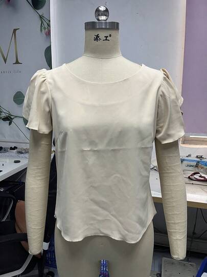 SuofeiMan 休闲百搭优雅短袖上衣/柔软舒适时尚法式浪漫简约荷叶边圆领女士衬衫，不含腰带