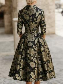 女士优雅金色花卉提花翻领A字中长连衣裙，秋冬款