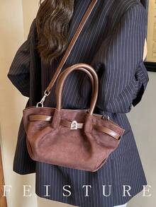 1pc Suede Fabric Small Dumpling Handbag, Strap Decor Shoulder Crossbody Bag, Suitable For Daily Outing, Dating, Commuting - Coffee - View 5