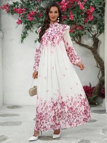 Váy dài tay cổ đứng in hoa thanh lịch, cài nút kèm khăn trùm đầu cùng tông màu, màu tím nhạt - Hoa hồng đỏ - Xem 9