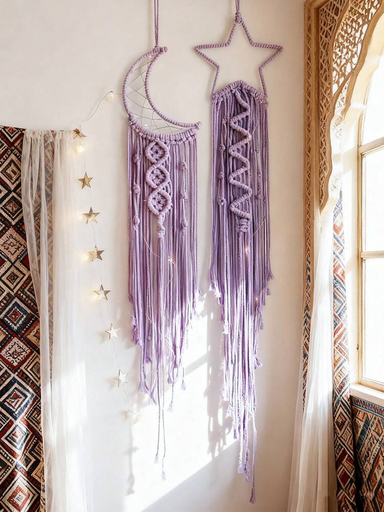 2pcs Handmade Crochet Lace Star Moon Dream Catcher Wall Hanging, Boho Style Home Decor Wall Art, Suitable For Home, Wedding, Living Room, Bedroom, Holiday Gift (Lights Not Included)