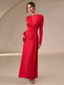 Women's Elegant & Gentle Round Neck Long Evening Dress - With Tie Waist Belt, Suitable For Party Dress, Formal Dinner And Romantic Valentine's Day New Year Wear - Red - View 5