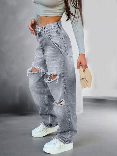 NVFelix Women's Loose Straight Leg Distressed Jeans, Vintage Washed, Elegant & Fashionable, Y2K Outdoor Style, Grey, Suitable For Winter, Thanksgiving And New Year Wear