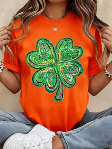 St Patricks Day Sequin Clover Print T Shirt Women Casual Short Sleeve Top Lucky Charm Design Festive Holiday Wear - 橘色 - 查看 1