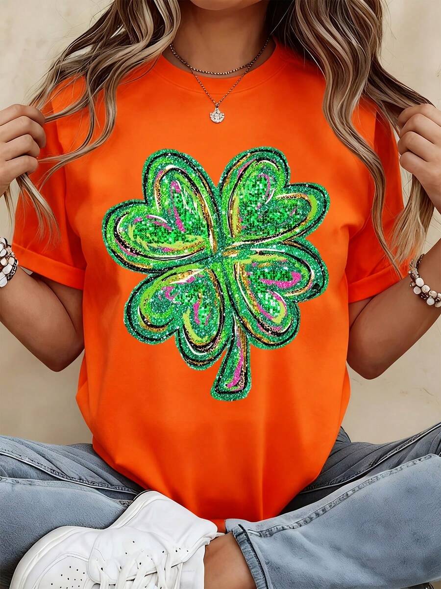 St Patricks Day Sequin Clover Print T Shirt Women Casual Short Sleeve Top Lucky Charm Design Festive Holiday Wear - 橘色 - 查看 1