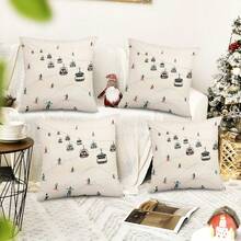 1pc Winter Skier & Cable Car Scenery Printed Pillowcase, Holiday Decor Cushion Cover, Suitable For Living Room Sofa Indoor/Outdoor Decoration, Linen-Like Fabric, Single-Sided Print, Pillow Insert Not Included - Beige - View 5