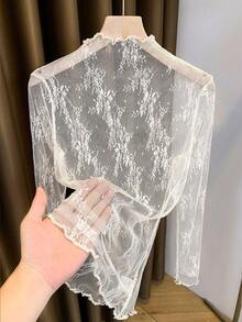 Vuslat 女士轻薄蕾丝高领长袖网纱花卉打底衫，优雅百搭，可与衬衫叠穿，休闲简约，性感半透明，夏季上衣，春假穿搭，情人节，狂欢节，海滩，派对，外出上衣 - 白色 - 查看 3