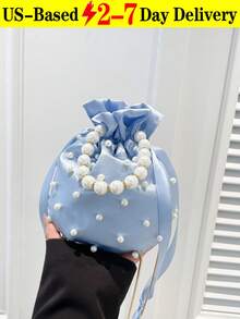 Mini Faux Pearl & Rhinestone Decor Bucket Bag Fashion Luxury Chic Mini Pearl Handle Bucket Shape Shoulder Bag Pearl Beaded Evening Handbag Custom Logo Purse - 藍色 - 查看 12