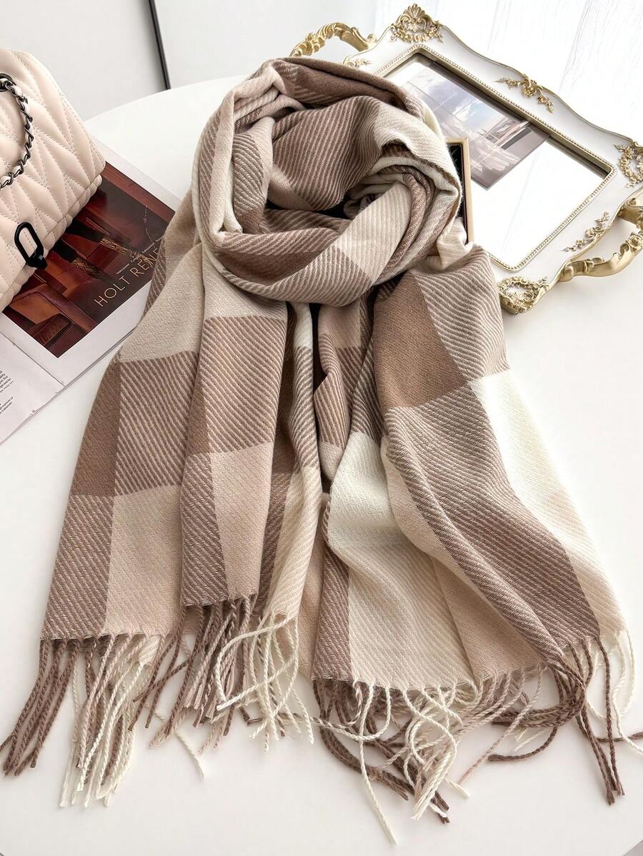1 pieza Elegante bufanda/chal de mujer vintage de jacquard de tartán y rayas multicolor y falso cachemira con flecos, bufanda casual gruesa y cálida unisex para invierno - Multicolor - Ver 1