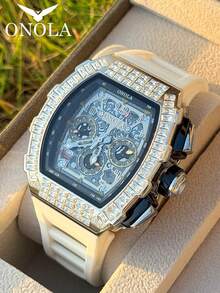 ONOLA-6826F Men's Wine Barrel Multi Functional Mechanical Automatic Watch Rubber Strap Fashion Sports ICE Diamond Watch - 白色 - 查看 12