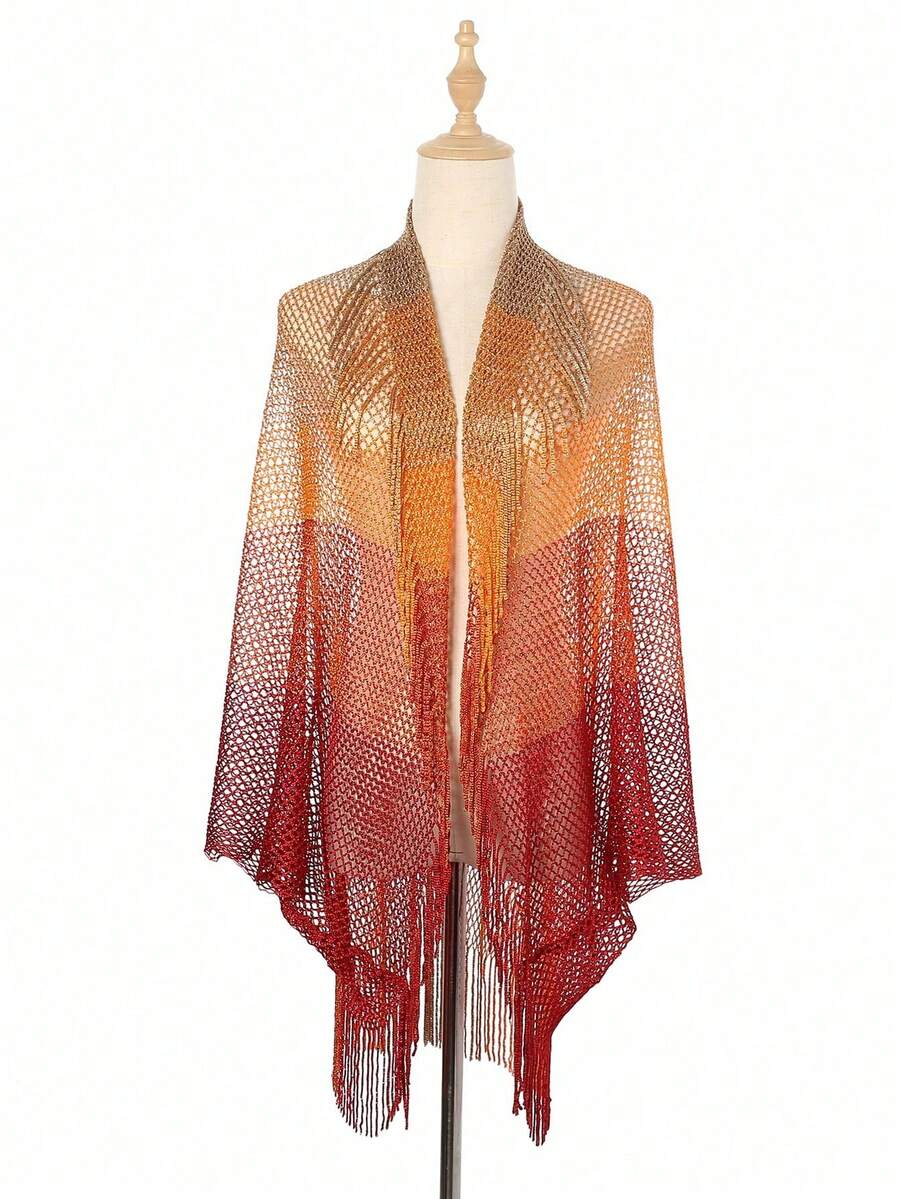 1pc Women's Colorblock Solid Mesh Breathable Versatile Tassel Fashion Beach Pool Bikini Cover Up Shawl