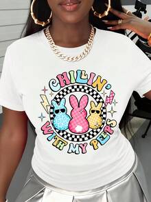 Chillin With My  Easter Bunny T Shirt Fun Spring Graphic Tee For Women Colorful Rabbit Design Casual Fashion Top - 白色 - 查看 2