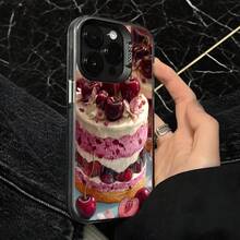 Funda de Teléfono Diseño Transparente de Pastel de Cereza para iPhone 14 13 12 11 Pro Max y  Galaxy S23 S22 S21 S20 Opción de Regalo Ideal para Todas las Temporadas - Plateado - Ver 4