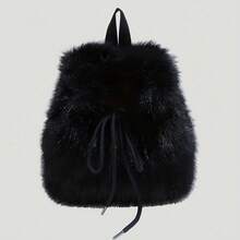 CAMSSOO Women's Korean Style Plush Faux Fur Backpack With Adjustable Shoulder Straps And  Closure - Soft Faux Animal Fur Coat Texture, Gold Buckle - Multi-Color (Beige/Coffee/Black/Burgundy) - màu đen - Xem 13