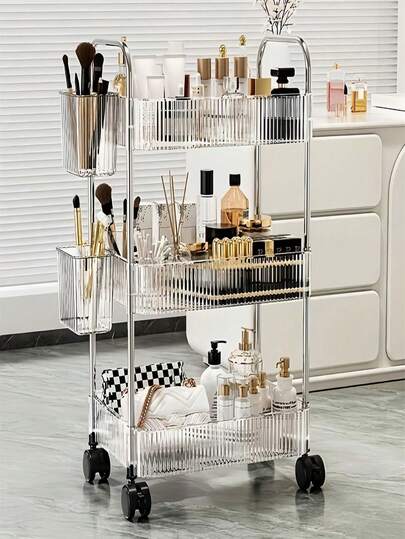 4/3/2层透明储物推车，耐用塑料材质，360°旋转亚克力储物推车，双金属把手，简约耐用亚克力材质，360°旋转合金框架+静音可锁定脚轮设计，便携式大容量储物推车，现代简约设计，适用于浴室、厨房、客厅、卧室，可收纳化妆品和洗漱用品。