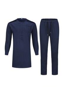 2024 New Men's Summer Solid Color 2-Piece Set, Long Sleeve Round Neck Striped Business Shirt And Casual Pants Suit - Royal Blue - View 2