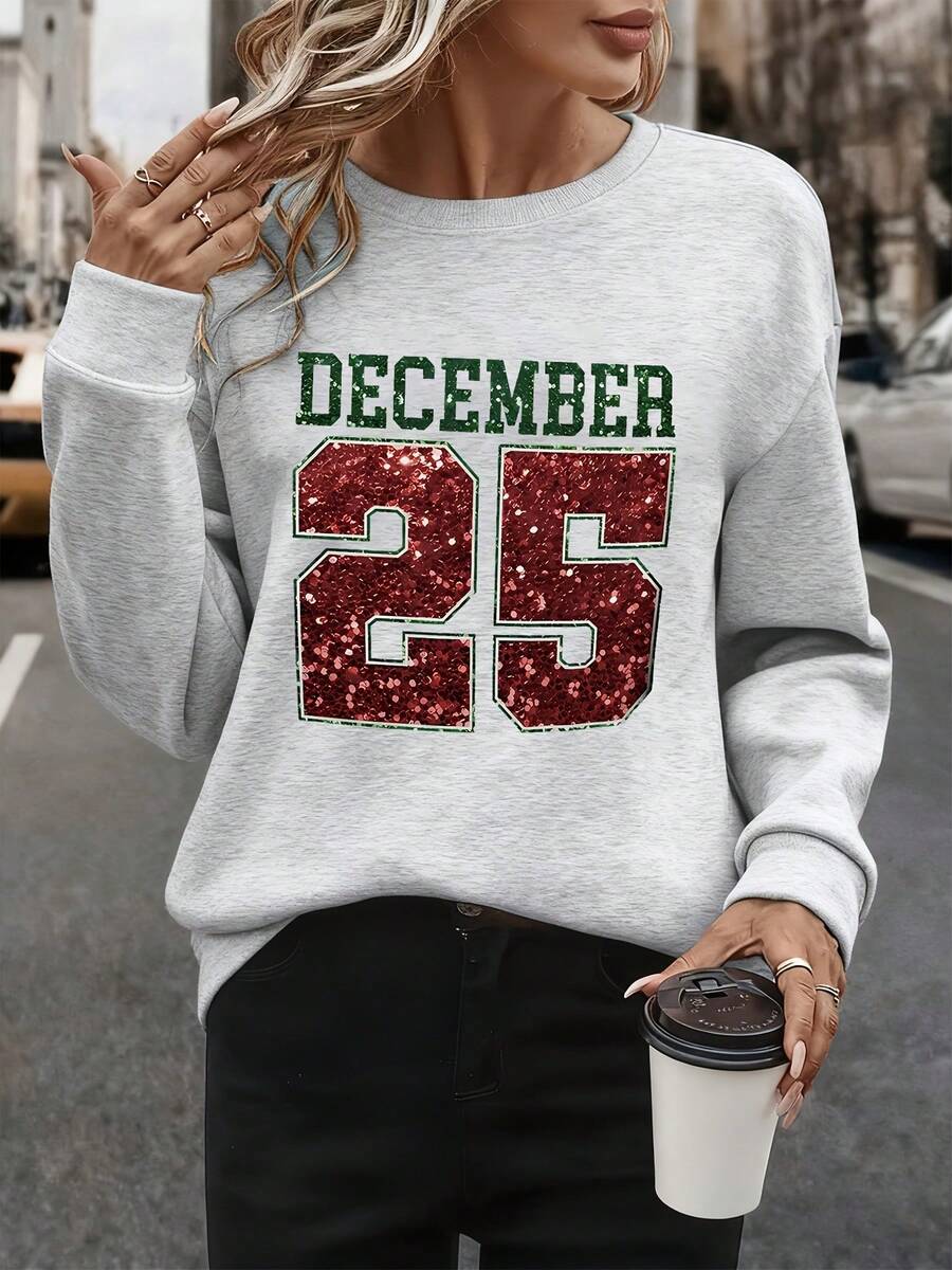 December 25 Glitter Christmas Sweatshirt Holiday Festive Wear For Women Christmas Day Outfit Xmas Seasonal Top - Màu Xám nhạt - Xem 1