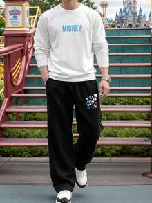 Disney طقم تيشيرت بأكمام طويلة وبنطال فضفاض واسع، تصميم أحادي اللون مع طباعة ميكي ماوس، طراز كاجوال مناسب للارتداء اليومي والجري، متعدد الاستخدامات للربيع والخريف