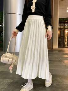 秋冬新款针织褶皱A字裙，修身柔软，适合女士 - 杏色 - 查看 2