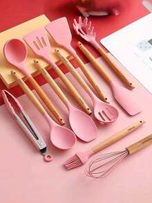 12-Piece Kitchen Cooking Utensils Set With Holder, Silicone Kitchen Tools Include Spatula Tong Slotted Spoon Turner Whisk Brush, Wooden Handle Kitchen Gadgets For Nonstick Cookware, Silicone Cooking Utensils Set 446°F Heat Resistant