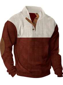 Men's Contrast Color Button Half Placket Long Sleeve Casual Loose Polo Shirt, Spring/Autumn - Red Violet - View 3