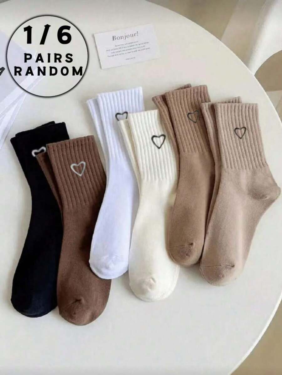 1/6 Pairs Women's Random Earth Tone Heart Pattern Fashionable Mid-Calf Socks - Multicolor - View 1