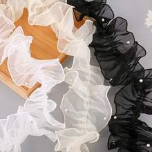 1卷/1米 12厘米 密褶珠饰薄纱蕾丝缎带，花艺包装缎带，闪亮珍珠波浪欧根纱缎带 - 黑色 - 查看 3