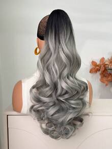 Tóc nối đuôi ngựa xoăn sóng tự nhiên màu xám ombre dài 26 inch, mềm mại và tự nhiên, sợi tổng hợp chịu nhiệt, phù hợp cho phụ nữ sử dụng hàng ngày. - Màu xám ombre - Xem 4