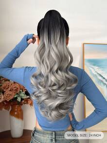 Tóc nối đuôi ngựa xoăn sóng tự nhiên màu xám ombre dài 26 inch, mềm mại và tự nhiên, sợi tổng hợp chịu nhiệt, phù hợp cho phụ nữ sử dụng hàng ngày. - Màu xám ombre - Xem 3