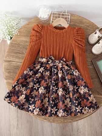 Vestido de manga larga y manga abullonada con estampado de felpa + Cinturón a juego para niñas de estilo casual