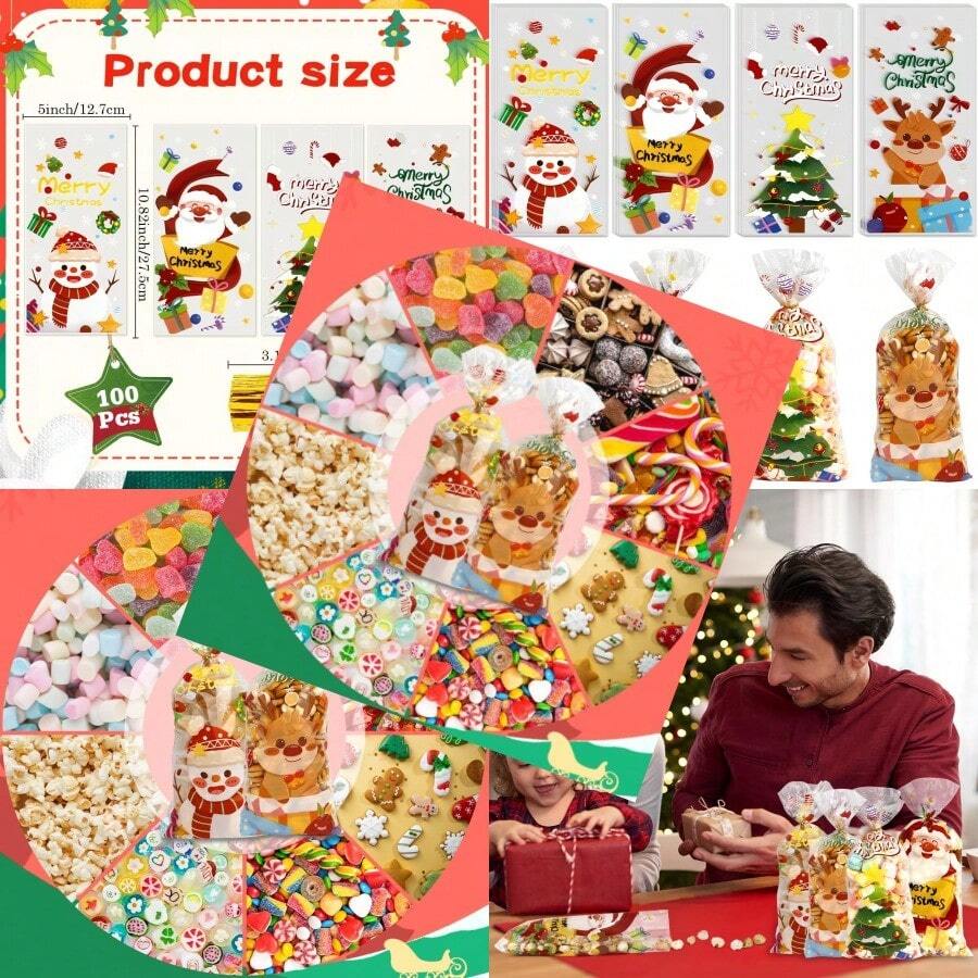 100 PCS Christmas Cellophane Treat Bags 5x11 Inch With Tie Plastic Christmas Bags For Candy Goodie Goody Cookie Gift Wrap Xmas Santa Pouches Frozen Winter Holiday Party Favors Supplies Decorations - 100個聖誕袋 - 查看 1