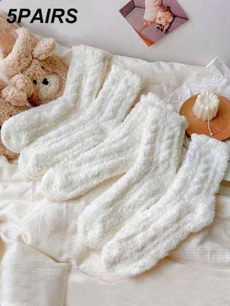 5 Pairs Solid Color Coral Fleece Casual Mid-Calf Socks For Women, Black & White, Autumn/Winter