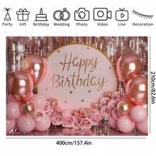 1 Stück rote Rose Gold Geburtstag Hintergrund - Polyester Party Flagge, Innen-/Außendekoration, funkelnde Kuchentisch Flagge, Kameraraum, Party Zubehör, Heimdekoration