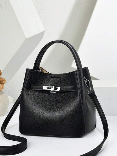 Classic Black Lychee Pattern Three Use Bag, Metal Buckle Embellished Handbag, Wear-Resistant, Versatile, Large Capacity, Multi Back Method Suitable For All Scenarios, Daily Street And Commuting