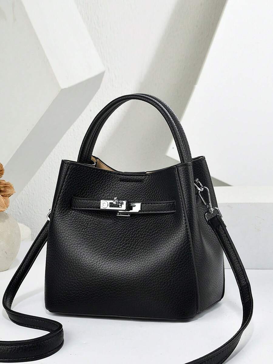 Classic Black Litchi Texture 3-In-1 Bag, Metal Buckle Decor Handbag, Durable And Versatile, Large Capacity, Multi-Way Carrying Suitable For Various Occasions, Ideal For Daily Street Style And Commuting - Black - View 1